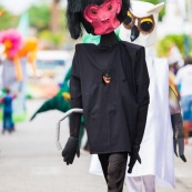 Carnaval de Guyane. Parade du littoral à Kourou. Deguisement. Touloulou. Masques. Costumes. Marionnettes. Diables rouges. Noir marron. Neg marron. Balayseuses.