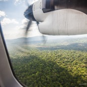 Arrivee a Saul en Guyane francaise. En avion, vue aerienne depuis l'avion. Piste d'atterissage au milieu de la foret tropicale (foret amazonienne). Liaison aerienne.