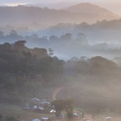 Saul au petit matin (lever du soleil) depuis le belvedere. Brume. Vue sur le village au coeur de la Guyane, en foret tropicale amazonienne.  Parc amazonien de Guyane.
