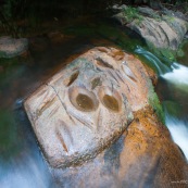 Randonnee a Saul en foret tropicale amazonienne. Riviere. Crique. Sentier Roche bateau.   Parc amazonien de Guyane. Polissoirs amerindiens. Utilises pour affuter des lames, polir...