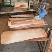 Usine en Chine : decoupe de feuilles de bois pour realiser des planches de skateboard.