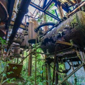 Ancienne rhumerie a Matoury, Guyane francaise.  Les cuves sont en l'air. La vegetation reprend ses doits.  Cuve rouillee par le temps, percee.