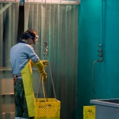 Usine a Taiwan (chine asie). Nettoyage de bacs.